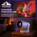 HighPeak VisionHack Projector Bundle with white compact projector displaying a colorful animated movie in a cozy room setting