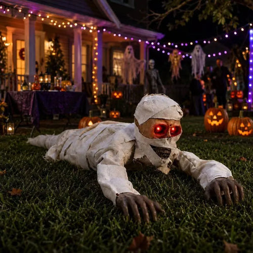 Voice-Activated Crawling Mummy crawling across a decorated Halloween lawn at night