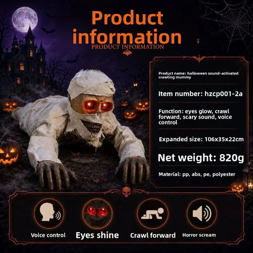 Voice-Activated Crawling Mummy details showing materials, size, weight, and sound-activated effects