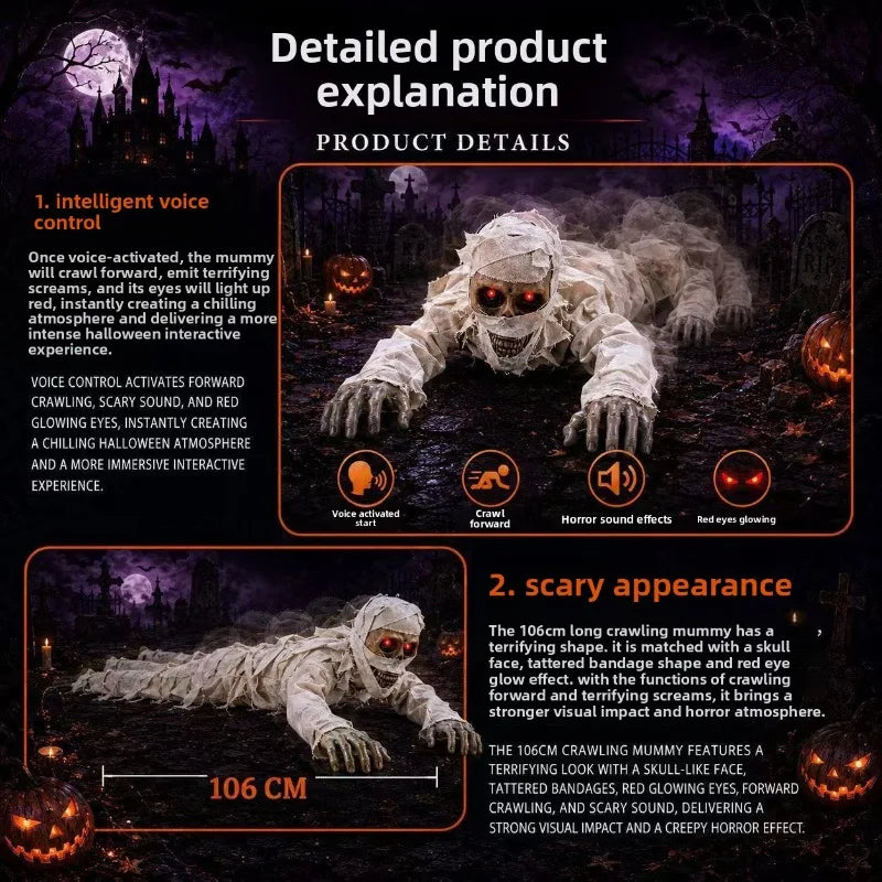 Voice-Activated Crawling Mummy guide to voice activation, forward crawling, horror sounds, and red eyes