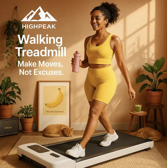 HighPeak Walking Treadmill in white with LED display, used indoors by a woman in yellow activewear holding a water bottle