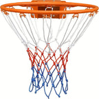 Wall-Mounted Basketball Hoop isolated front view with orange rim and red, white, and blue net