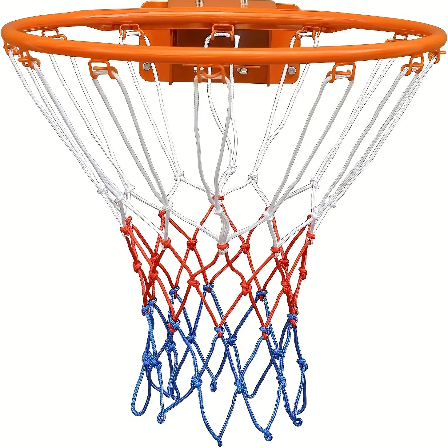 Wall-Mounted Basketball Hoop isolated front view with orange rim and red, white, and blue net