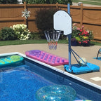 Wall-Mounted Basketball Hoop displayed on a poolside backboard in a backyard recreation area
