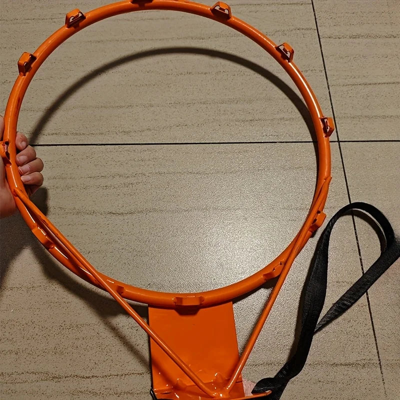 Wall-Mounted Basketball Hoop components shown with the orange rim held beside the detached net