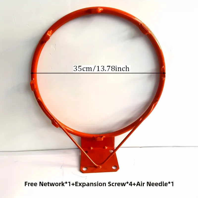 Wall-Mounted Basketball Hoop size guide showing the 35 cm rim, net, four screws, and air needle