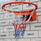 Wall-Mounted Basketball Hoop installed on a tiled wall with the red, white, and blue net attached
