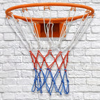 Wall-Mounted Basketball Hoop installed against a white brick wall with its colorful net attached