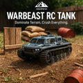 HighPeak WarBeast RC Tank in dark gray with tracked treads on dirt terrain, showcasing military-style design and LED headlights