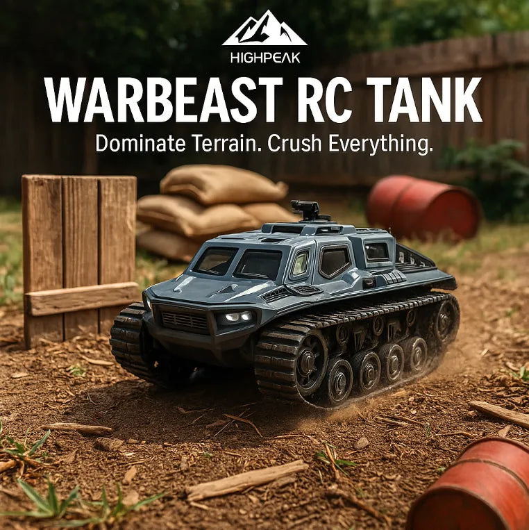 HighPeak WarBeast RC Tank in dark gray with tracked treads on dirt terrain, showcasing military-style design and LED headlights