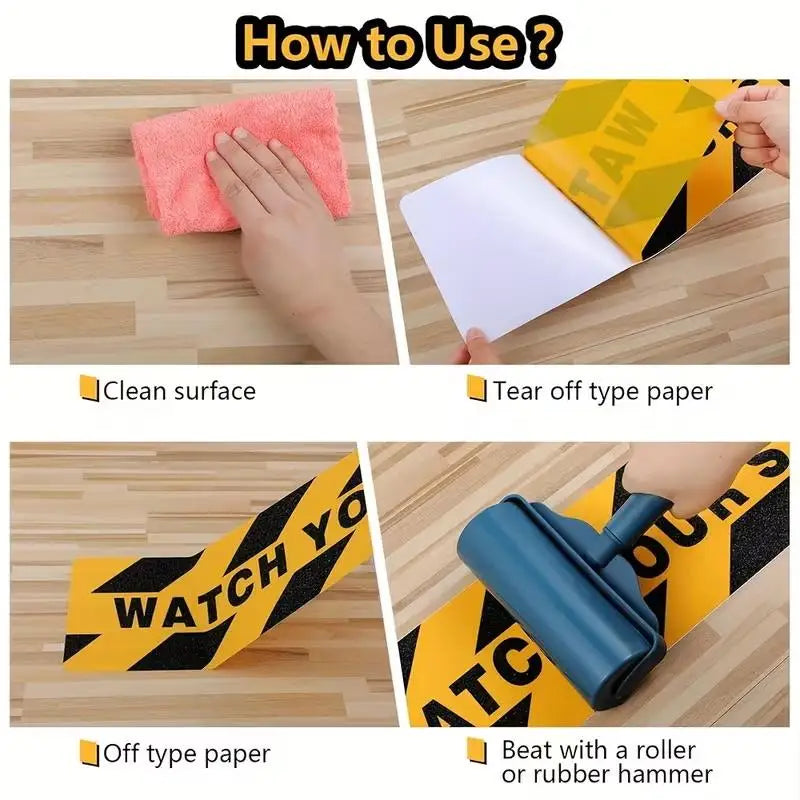 Watch Your Step Decals application guide showing surface cleaning, backing removal and pressing