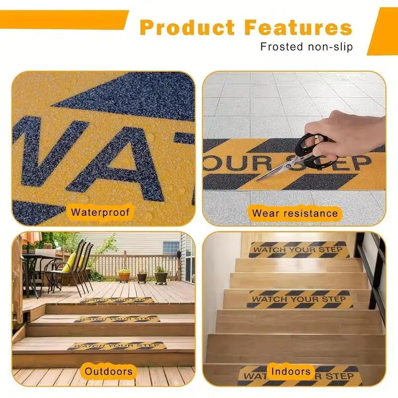 Watch Your Step Decals collage showing surface texture and placement on indoor and outdoor stairs
