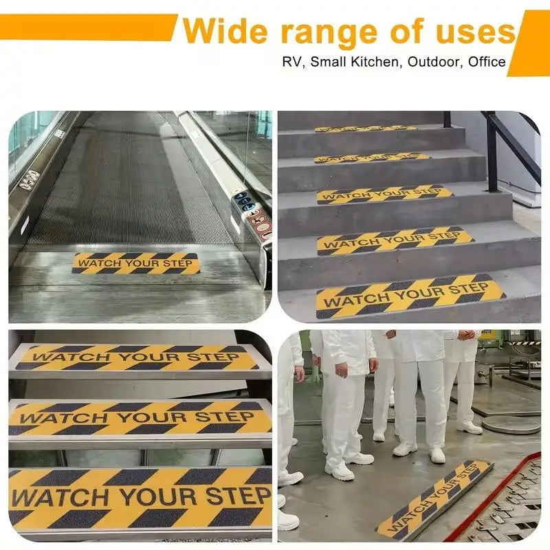 Watch Your Step Decals displayed on steps, an entry threshold and a factory walkway