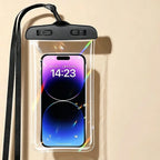 Waterproof Phone Pouch in black showing its clear body, top closure, and black lanyard with a phone inside.