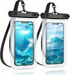 Waterproof Phone Pouch shown as two black pouches with lanyards and ocean scenes displayed on the phones.