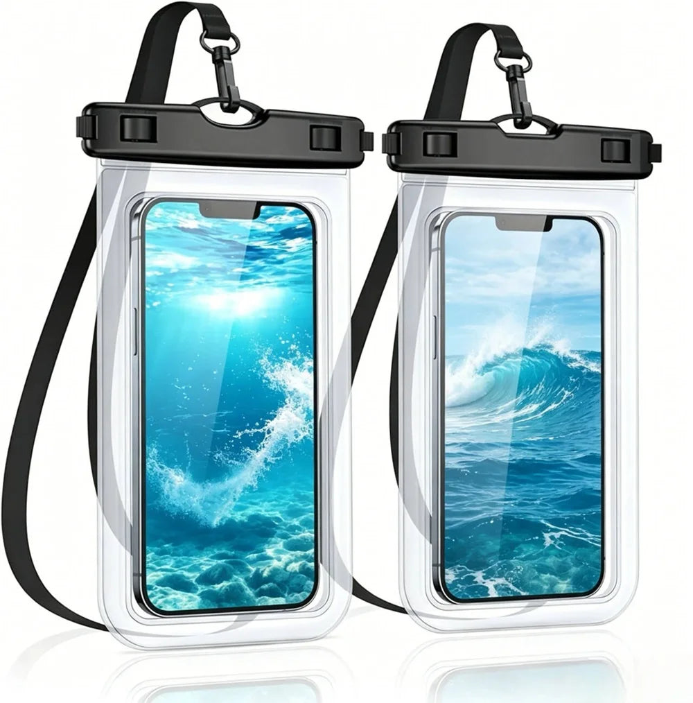 Waterproof Phone Pouch shown as two black pouches with lanyards and ocean scenes displayed on the phones.