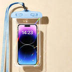 Waterproof Phone Pouch in blue with matching lanyard and phone visible through the transparent front.
