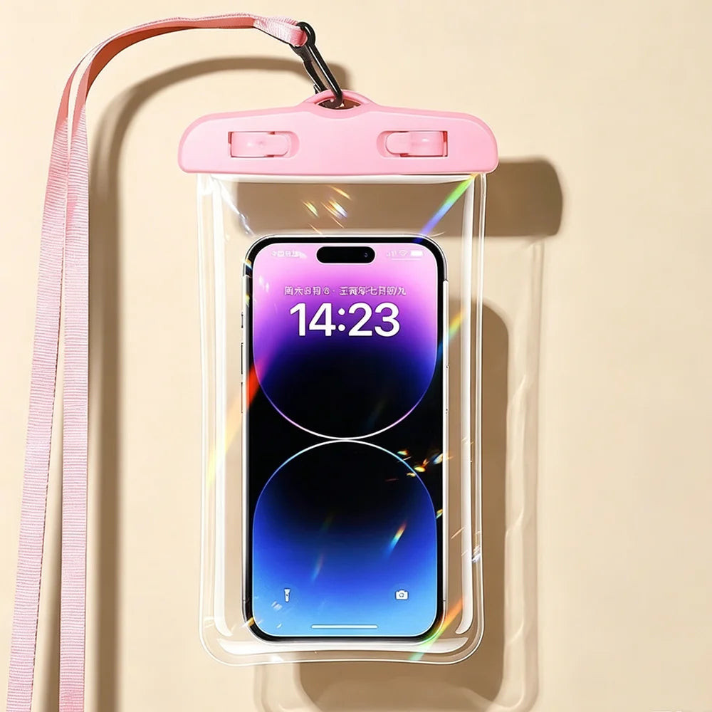 Waterproof Phone Pouch in pink holding a phone, with matching lanyard and clear front on a beige background.