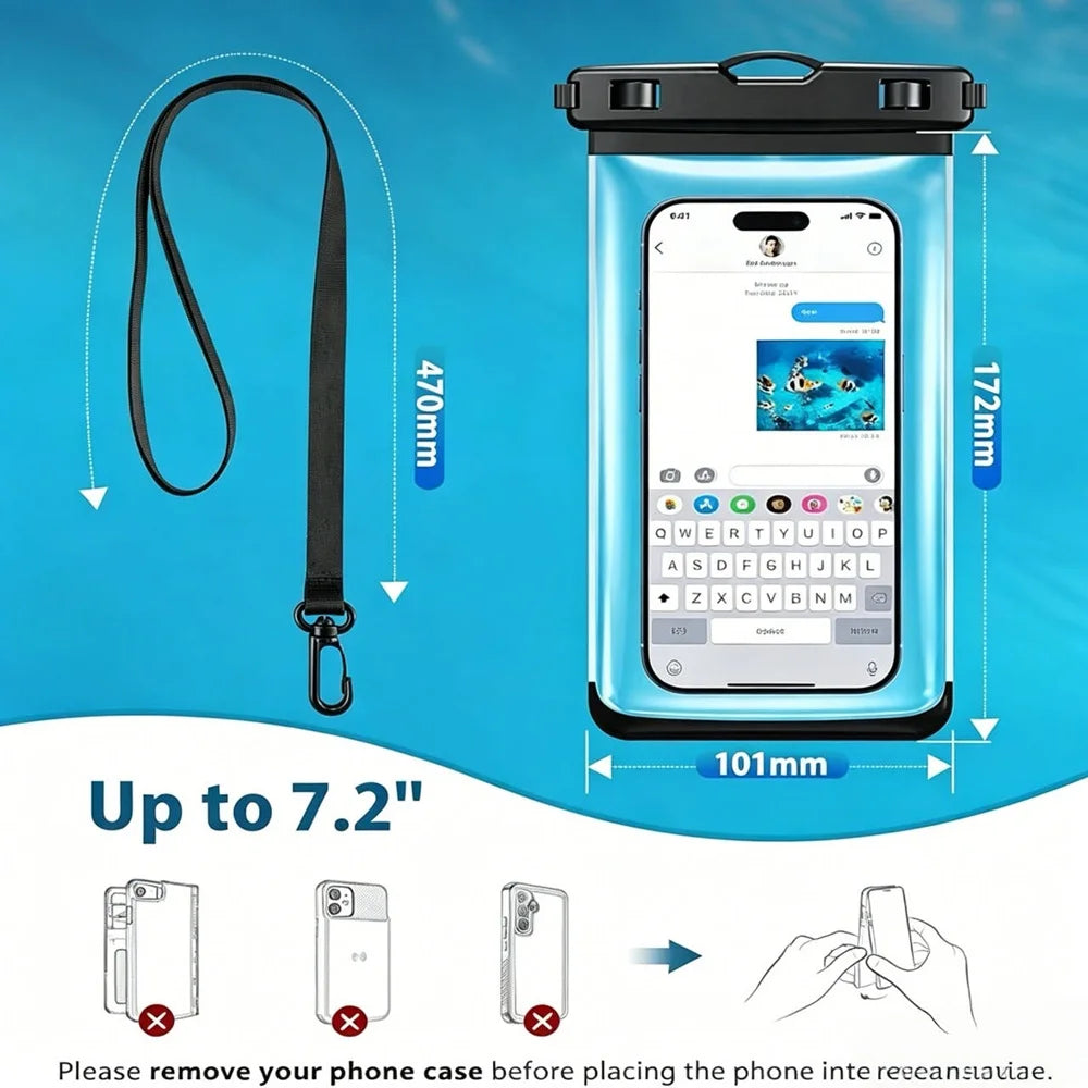 Waterproof Phone Pouch size graphic labeling a 172 × 101 mm pouch body and 470 mm lanyard.