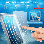 Waterproof Phone Pouch supplier graphic illustrating screen interaction and noting fingerprint unlock limitations.