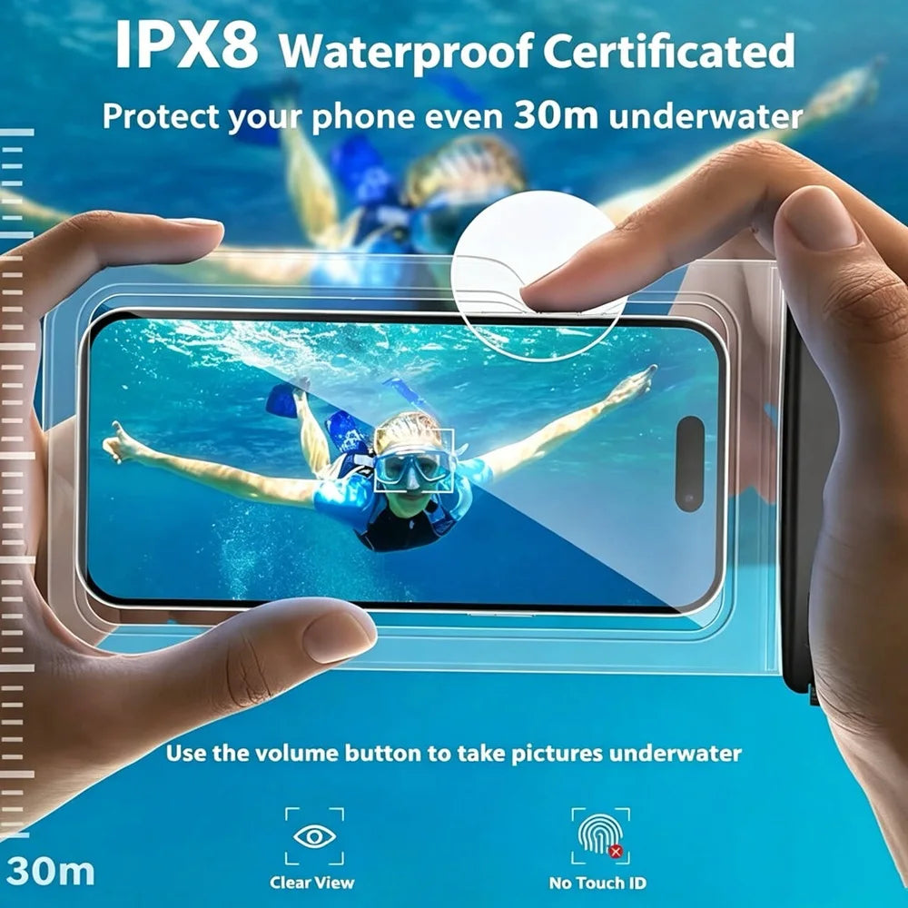 Waterproof Phone Pouch supplier graphic showing a phone held underwater and a volume-button photography tip.