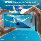 Waterproof Phone Pouch supplier graphic showing a phone held underwater and a volume-button photography tip.
