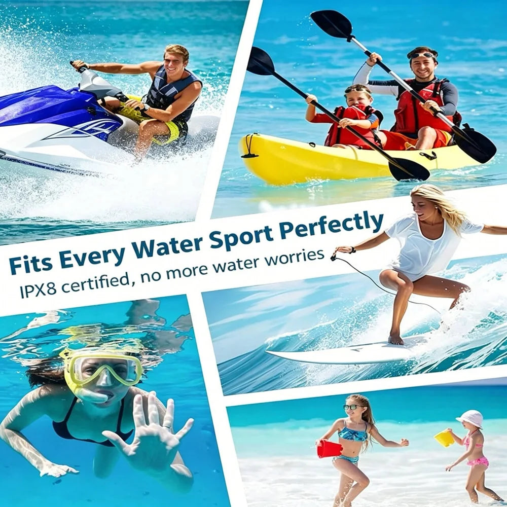 Waterproof Phone Pouch supplier collage showing kayaking, jet skiing, surfing, snorkeling, and beach activities.