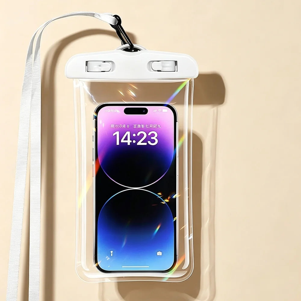 Waterproof Phone Pouch in white with clear body, dual-lock closure, and matching lanyard on a beige background.
