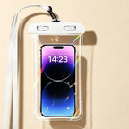 Waterproof Phone Pouch in white with clear body, dual-lock closure, and matching lanyard on a beige background.