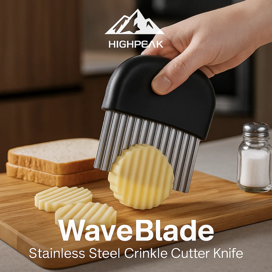 HighPeak WaveBlade™ stainless steel crinkle cutter knife slicing a potato chip with black no-slip handle on wood board