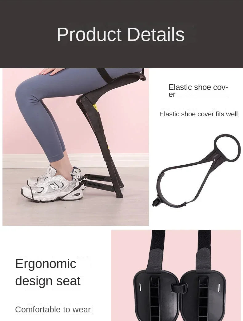 Wearable Exoskeleton Chair detail collage showing seat, shoe cover, rear frame, and support structure