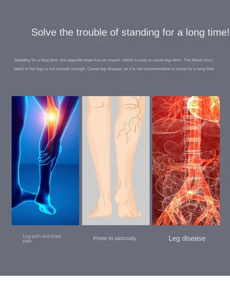 Wearable Exoskeleton Chair product graphic explaining its seated support during long standing periods