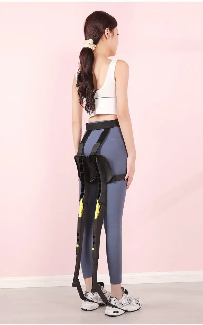 Wearable Exoskeleton Chair worn in a standing side view with the frame folded along the legs