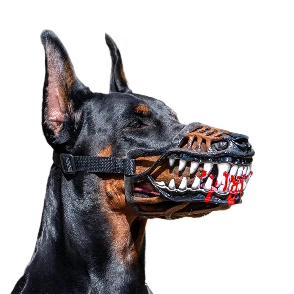 Werewolf Fangs Dog Mask with painted blood-effect teeth shown on a Doberman in profile