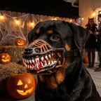 Rottweiler wearing Werewolf Fangs Dog Mask with painted blood-effect teeth beside Halloween pumpkins