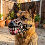 German Shepherd wearing Werewolf Fangs Dog Mask with blood-effect fangs in a garden patio setting