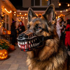 German Shepherd wearing Werewolf Fangs Dog Mask with painted blood-effect teeth on a Halloween patio