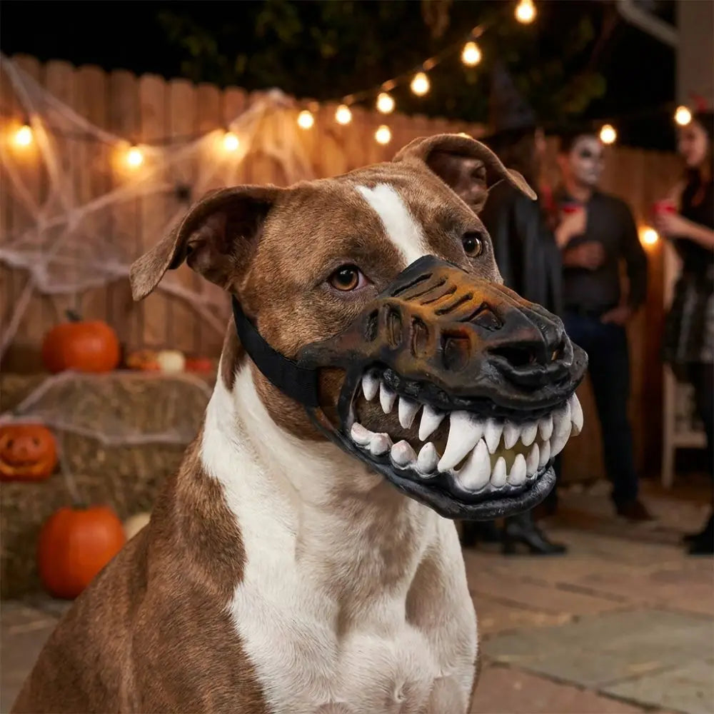 Brown and white dog wearing Werewolf Fangs Dog Mask without blood beside hay bales and Halloween cobwebs