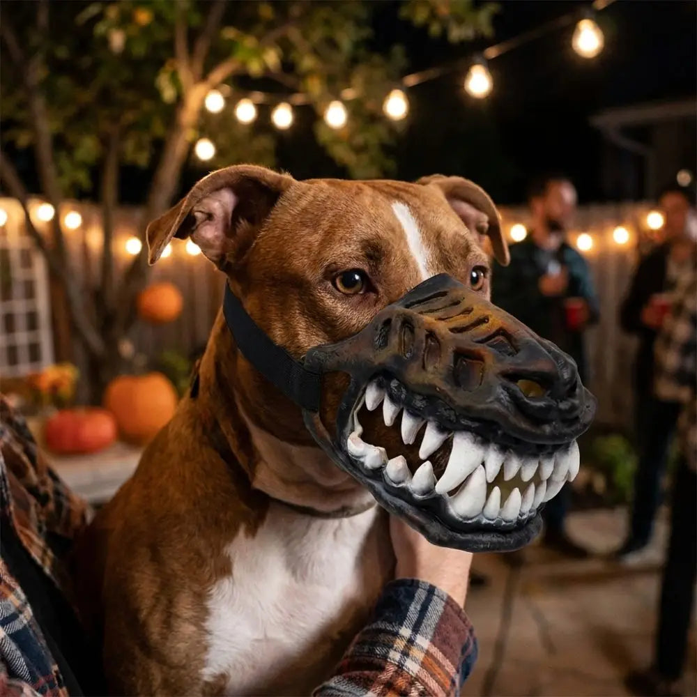 Owner holding a brown and white dog wearing Werewolf Fangs Dog Mask without blood at an outdoor party