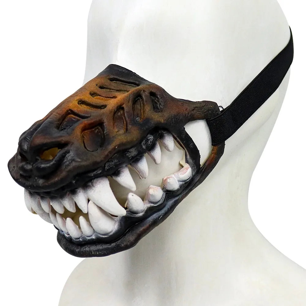 Werewolf Fangs Dog Mask without blood shown at an angle on a white mannequin with an adjustable black strap