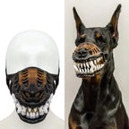Werewolf Fangs Dog Mask without blood shown on a mannequin and a Doberman for a fit appearance comparison