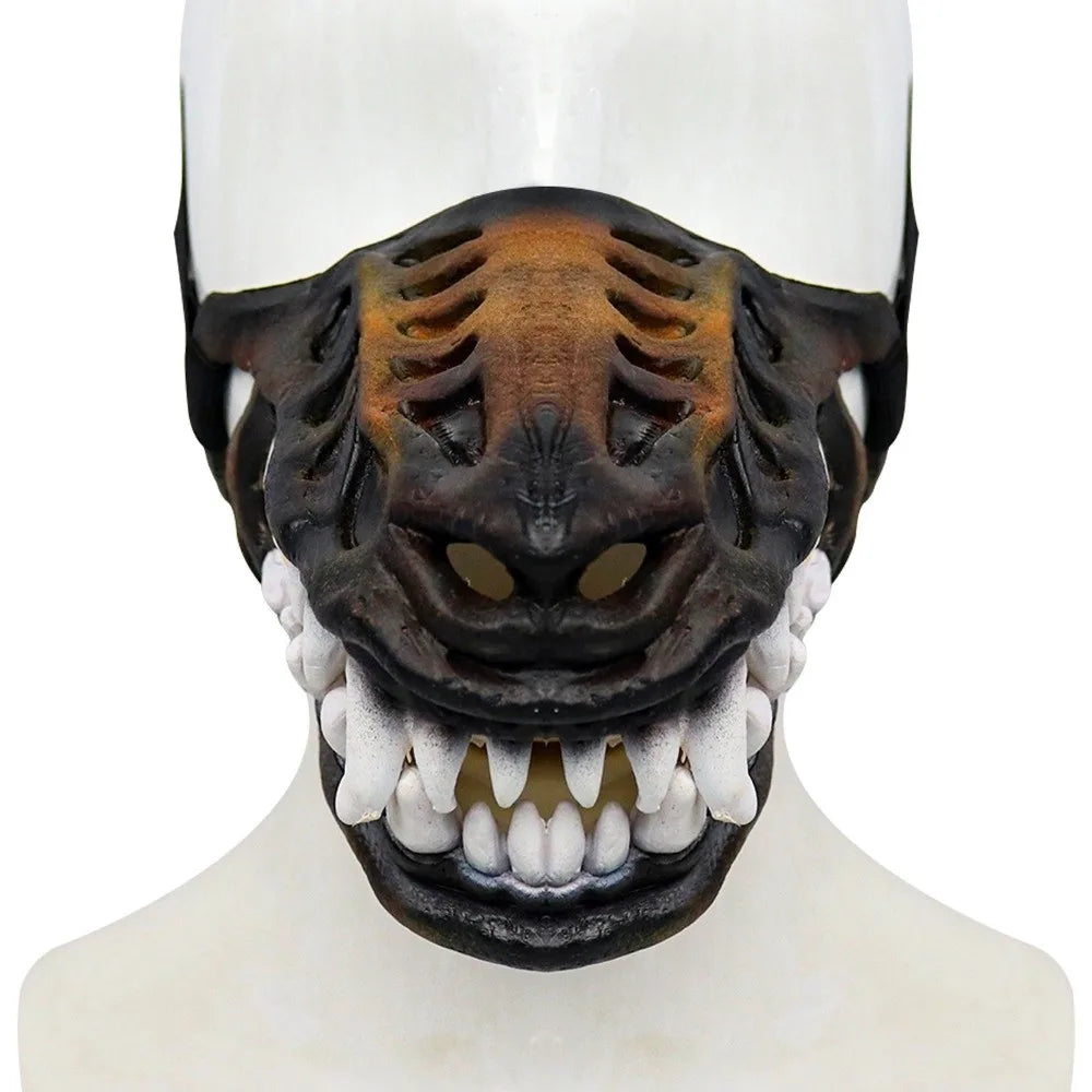 Front view of Werewolf Fangs Dog Mask without blood on a white mannequin showing sculpted teeth