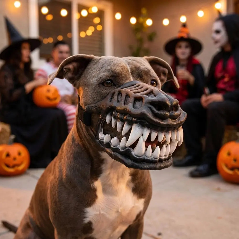 Brown pit bull wearing Werewolf Fangs Dog Mask without blood at a Halloween party with pumpkins