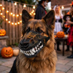 German Shepherd wearing Werewolf Fangs Dog Mask without blood in a Halloween party setting