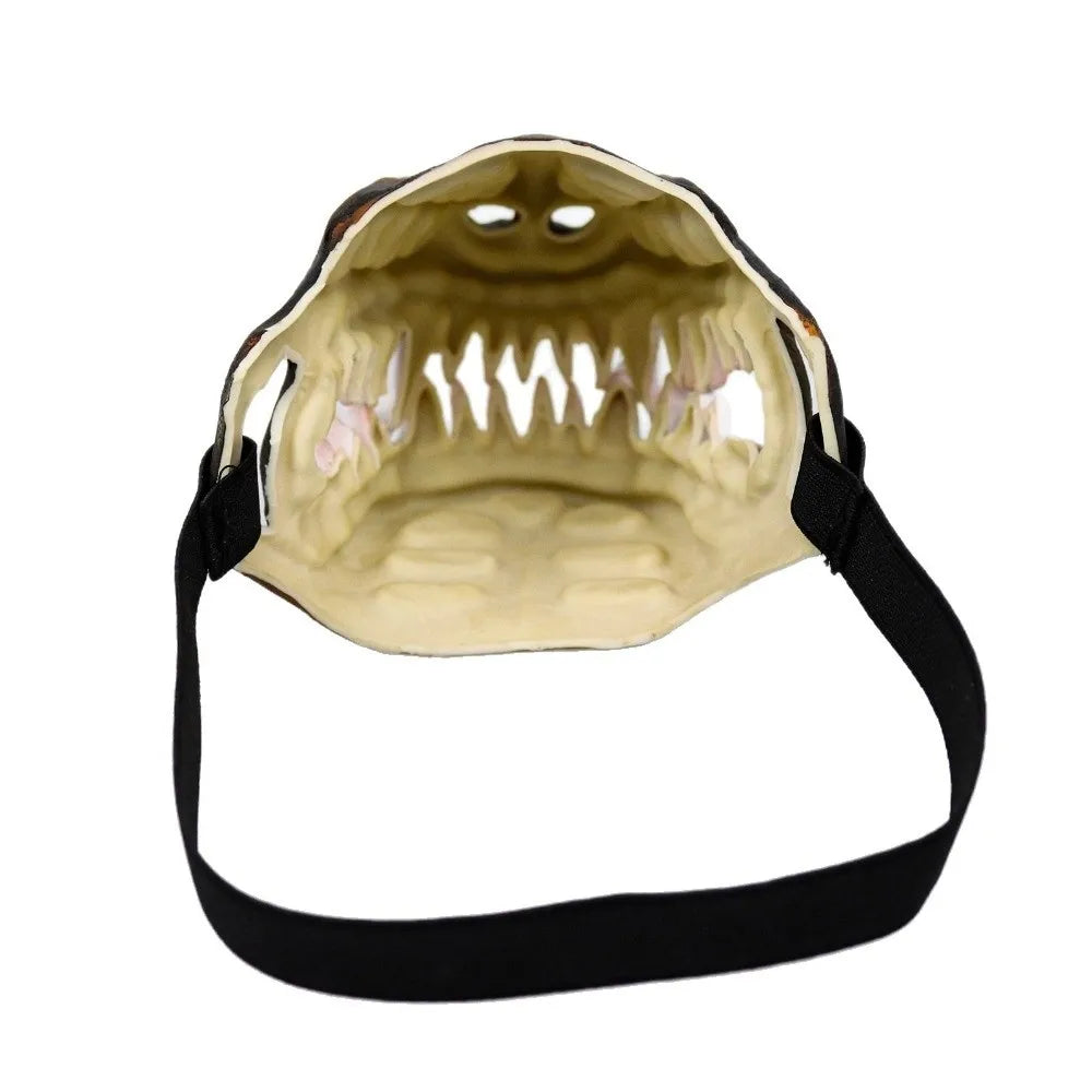 Inside view of the latex Werewolf Fangs Dog Mask showing its shape and adjustable black fastening strap
