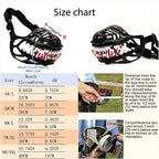 Werewolf Fangs Dog Mask S to XXL size chart with mouth circumference and upper muzzle measurement diagrams