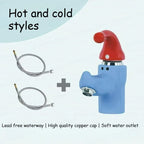 Wiggly Hat Sink Faucet with blue body, red hat handle, and two hot and cold water supply hoses.