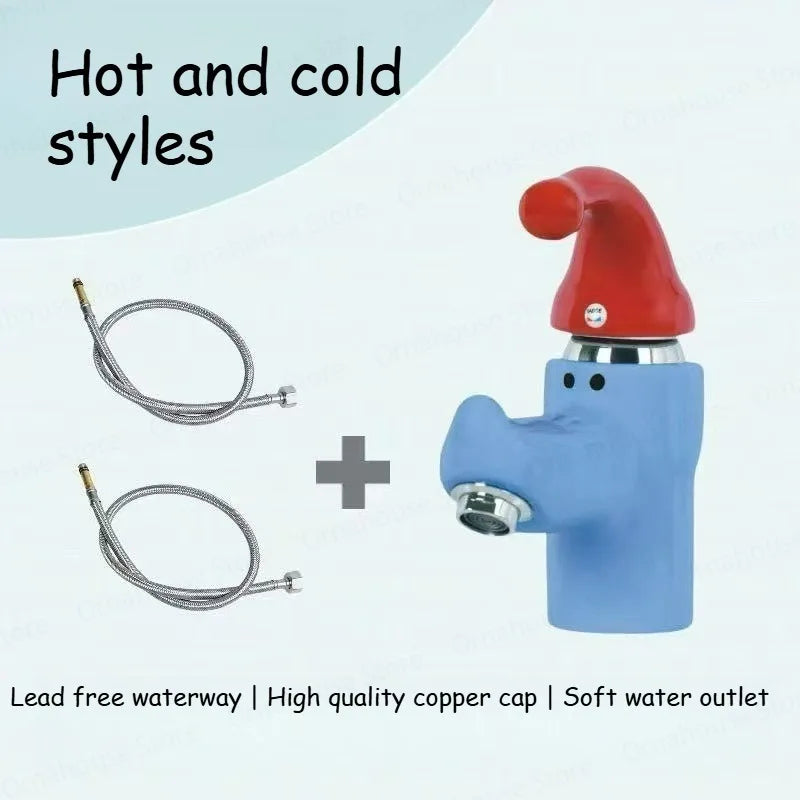 Wiggly Hat Sink Faucet with blue body, red hat handle, and two hot and cold water supply hoses.