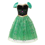 Winter Fairytale Princess Dress in Green with a black floral bodice, gold-colored trim and sheer patterned skirt