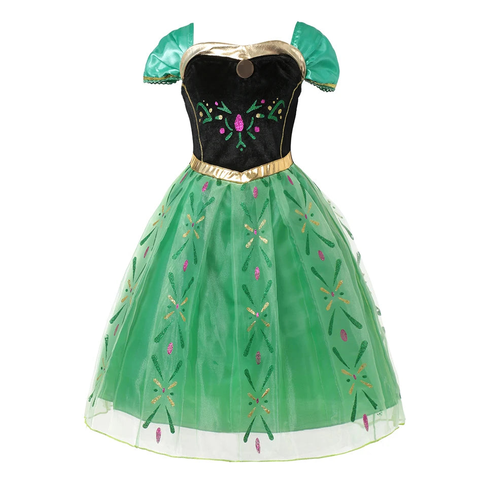 Winter Fairytale Princess Dress in Green with a black floral bodice, gold-colored trim and sheer patterned skirt